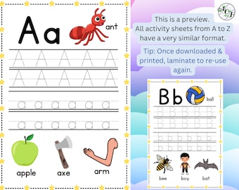 Full Colour Alphabet Tracing Worksheets - Letters A to Z - English A4