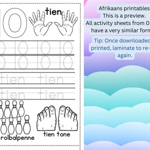 May include: Black and white printable worksheet for learning the number 10. Includes the number 10, the word "tien", hand illustrations, tracing exercises, and images of bowling pins and feet. Text on the right side says "Afrikaans printables."