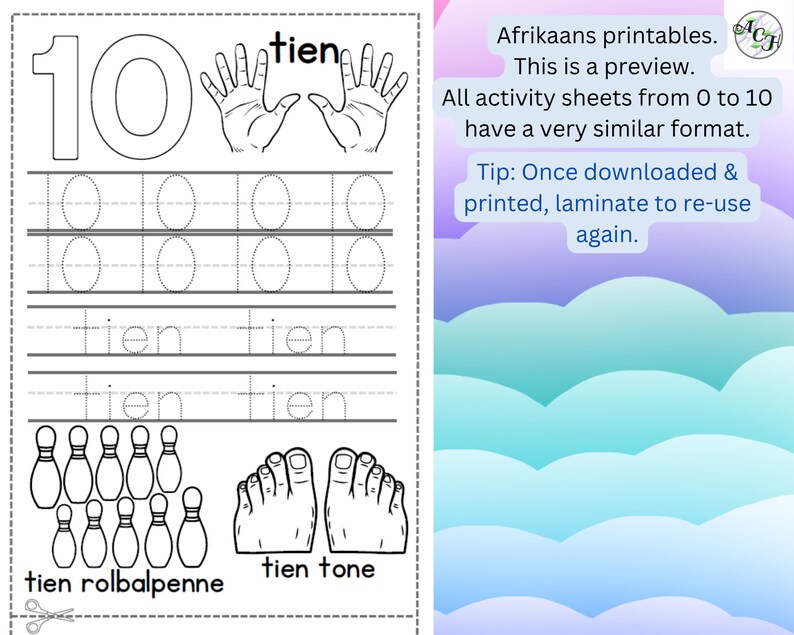 May include: Black and white printable worksheet for learning the number 10. Includes the number 10, the word "tien", hand illustrations, tracing exercises, and images of bowling pins and feet. Text on the right side says "Afrikaans printables."