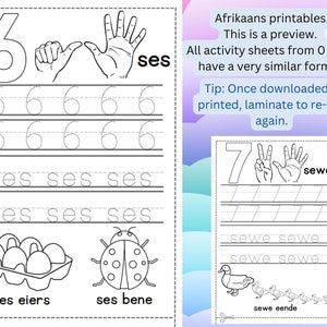 May include: Black and white printable activity sheet for learning the number six. Includes the number six, a hand gesture, tracing lines, and illustrations of eggs and a ladybug. Text in Afrikaans.