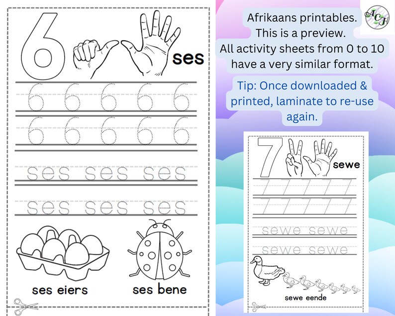 May include: Black and white printable activity sheet for learning the number six. Includes the number six, a hand gesture, tracing lines, and illustrations of eggs and a ladybug. Text in Afrikaans.