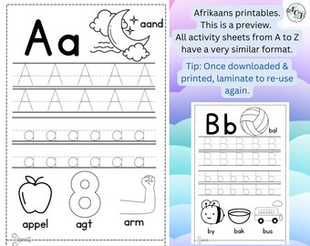 Alfabet Natrek Aktiwiteite - Letters A to Y - Afrikaans Tracing A4