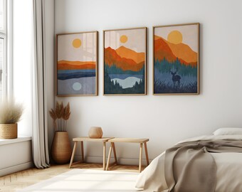 Boho Style Landscape Wall Art Decor Set of 3 Prints, Boho style Wall Art Set, Boho Printable Landscape Wall Art, Boho Digital Prints