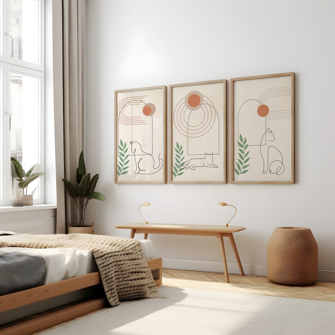 Boho Abstract Cat Art, Boho Cat Print, Set of 3 Wall Art, Boho Art ...