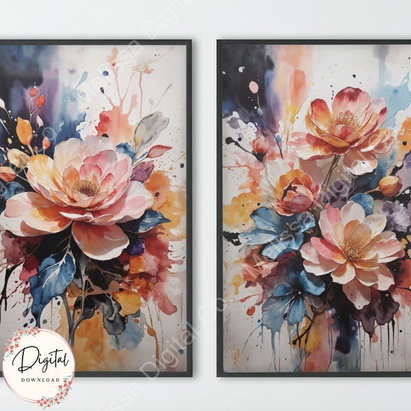 Botanical Prints Set of Watercolor Printable Wall Art, 2 Colorful Abstract Flowers for Home Decor, High Quality Floral Digital Prints