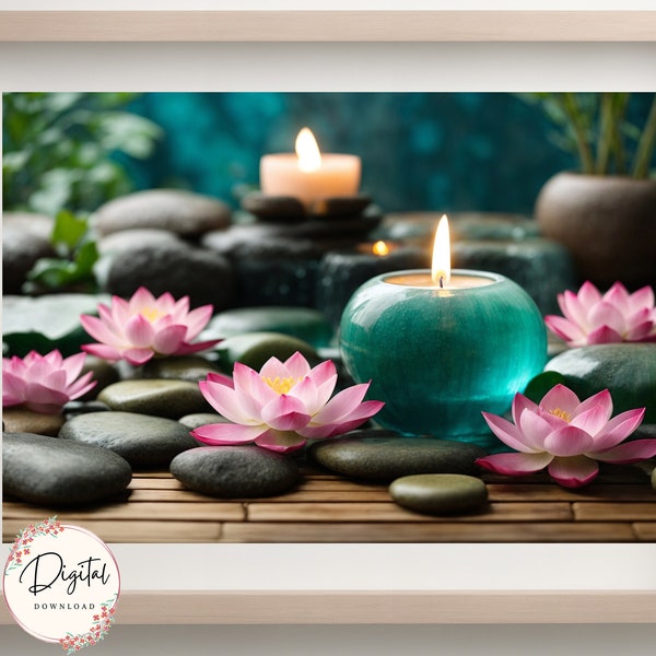 Printable Wall Art Zen Garden with Aromatic Candles and Pink Lotus Flowers, High Quality Large Bedroom, Yoga room or Meditation Room Decor