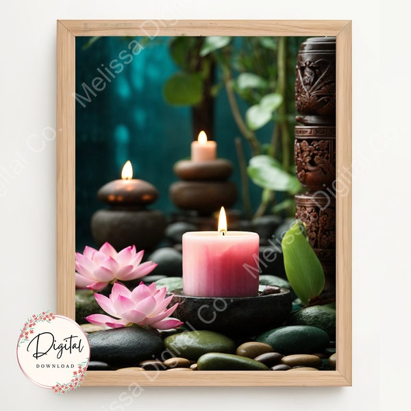 Zen Garden with Stones, Candles and Pink Lotus Flowers Printable Wall Art, High Quality Digital Bedroom, Yoga Room or Meditation Room Decor