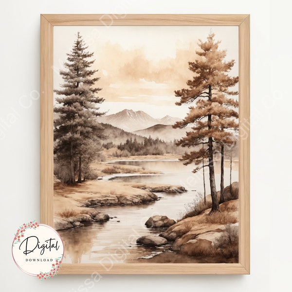 Vintage Printable Digital Wall Art Sepia Ink Wash Landscape of Neutral Tree Sketch, High Quality Neutral Sepia Digital Art for Home Decor