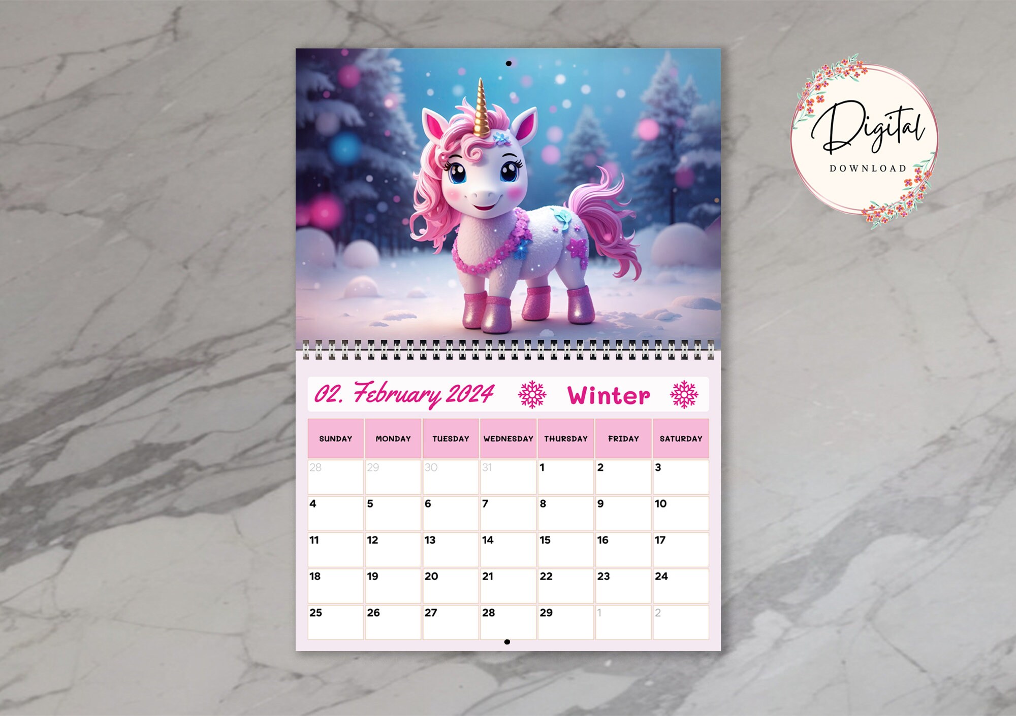2024 Unicorn Wall Calendar, Printable Unicorn Calendar for Girls, High ...