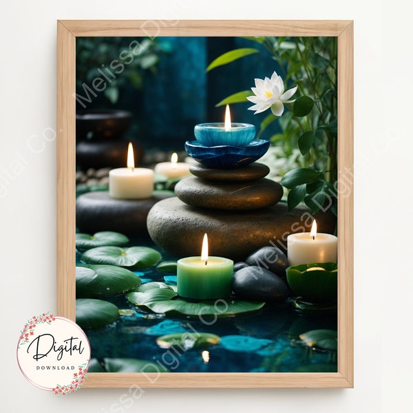 Printable Wall Art Zen Garden with Balancing Stones and White Lotus Flower, Zen Digital Prints for Bedroom, Yoga Room, Meditation Room Decor