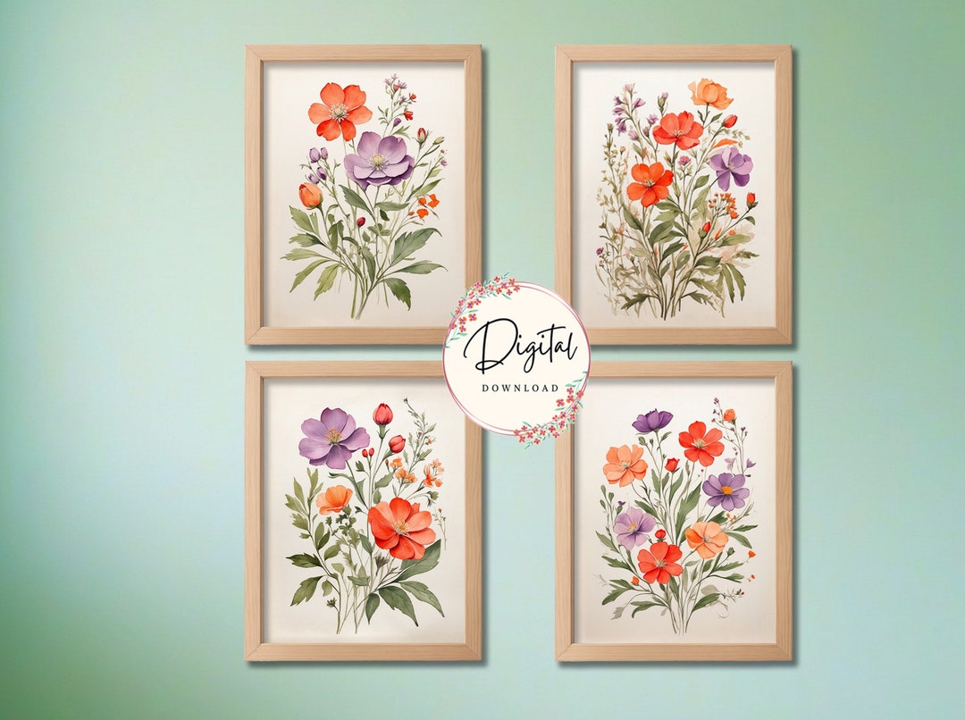 Vintage Wildflowers Wall Art Print Set of 4, Floral Printable Artwork