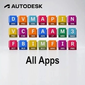 May include: The Autodesk logo is at the top, with "All Apps" at the bottom. The image shows a grid of colourful 3D cubes, each displaying a letter and a three-letter abbreviation, representing various software applications.