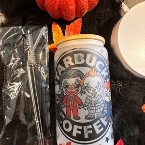 Halloween Costume Horror Movie Characters Cartoon Coffee frosted Glass cup with lid and straw, 16oz, Spooky Vibes, Horror fun