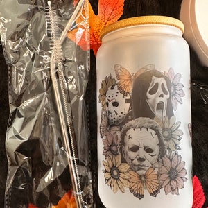 Horror Movie Glass 16oz frosted Coffee Glass W/ lid & straw. Trick Or Treat, Spooky Vibes, hot/cold