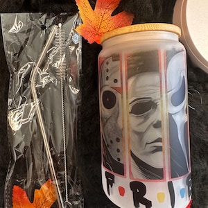 Horror Movie Characters Friends, 16oz frosted Glass cup w/ lid & straw, Scary Faces, Horror movie Villains Libbey