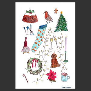 以下が含まれることがあります： クリスマスをテーマにした様々なアイテムを手描きで描いたイラスト。クリスマスツリー、靴下、リース、キャンディーケーン、ジンジャーブレッドマン、コマドリ、プディング、ノーム、キャンドル、ポインセチア、ホットチョコレートのマグカップ、帽子、シャンパングラスなどがあります。