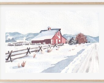 Vermont Winter Red Barn Scene Watercolor Poster Print