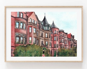 Back Bay Boston Massachusetts Watercolor Poster Print - Commonwealth Ave Brownstones