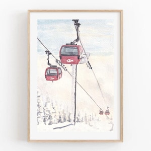 Stowe Vermont Ski Mountain Watercolor Poster Print - Gondola Winter Cabin Wall Art