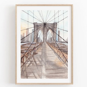 Brooklyn Bridge New York City Watercolor Poster Print - Travel Wall Art - Urban Cityscape