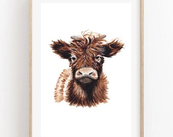 May include: A watercolor painting of a brown and white Highland cow with fluffy fur. The cow is looking directly at the viewer with a curious expression.