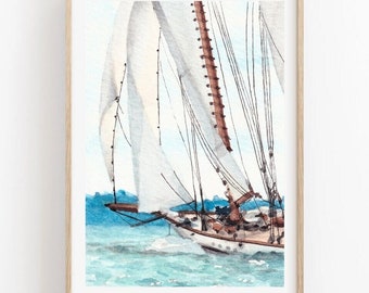 Sailboat Nautical Watercolor Poster Print - Schooner Sailboat