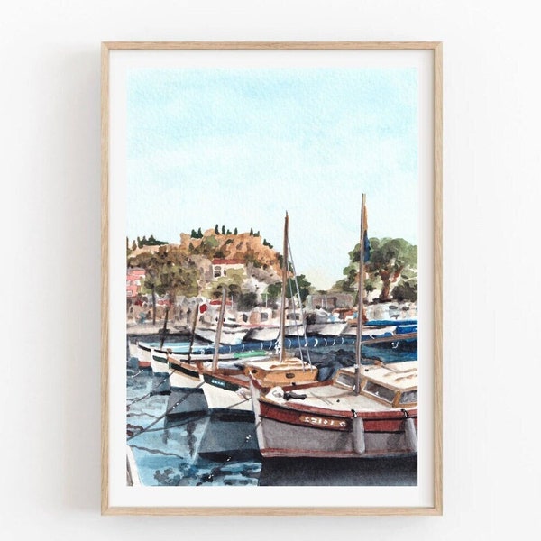 Boats Art Harbor South of France Cassis Print French Riviera Watercolor Print Home Decor Wall Art Chateau Poster Colorful Boats Nice France