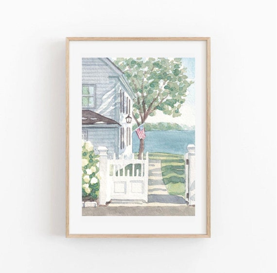 Penobscot Bay Maine Coastal Cottage Watercolor Poster Print - New England Oceanfront Home