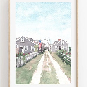 Nantucket Cottages Watercolor Print Summer Beach Home Painting