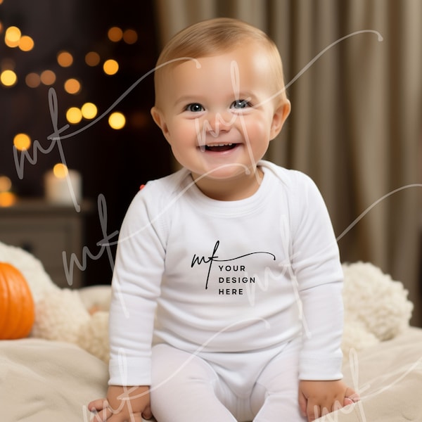 Baby Fall White Long Sleeve Mockup, Baby Bodysuit Halloween Mockup, Halloween Infant Mock-up, White Rabbit Skins 4411 Mockup, Baby Mockup