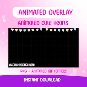 May include: Animated overlay with a string of pastel pink, blue, and yellow hearts on a black background. The text "Animated cute hearts" is above the hearts and the text "@squishycloudstudio" and "PNG + Animated GIF formats" are below the hearts. The text "INSTANT DOWNLOAD" is at the bottom of the image.
