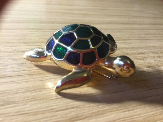 Ciro  vintage Turtle brooch - emerald green and b… - image 9