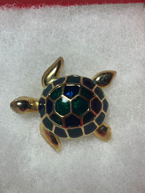 Ciro  vintage Turtle brooch - emerald green and b… - image 1