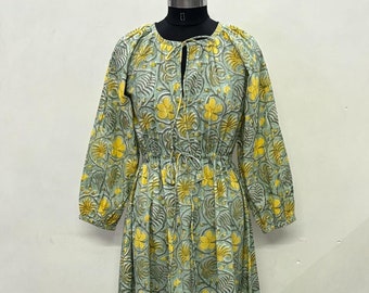 Robe longue de plage d'été imprimée de fleurs vert nature, robe décontractée, robe longue ample élégante, robe de plage de vacances vintage imprimée bloc