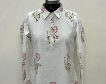 Hand block printed cotton top, women's Jaipuri print Kurti, Indian cotton kurta short top, shirt collar With lining A-line kurta Side pocket