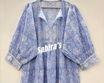 Floral Hand Block Print Cotton Dress: Deep Neck Spring Summer
