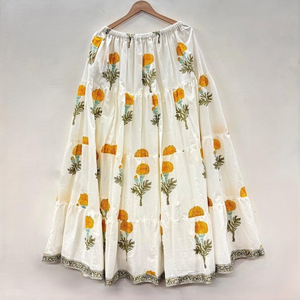Yellow Floral Block Printed Cotton Maxi Skirt - Custom Made