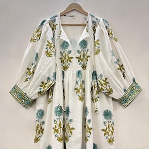 Katoenen midi-jurk met bloemenhandblokprint: boho Kyra-stijl