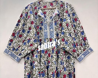 Blue Floral Block Print Cotton Midi Dress: Kyra Summer Tunic