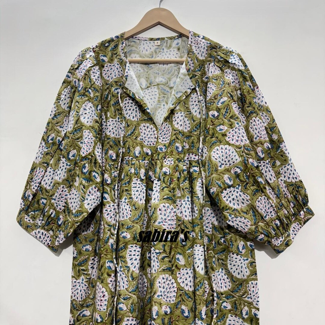 Green Floral Block Print Cotton Tunic Dress: Party Wear Summer Top
