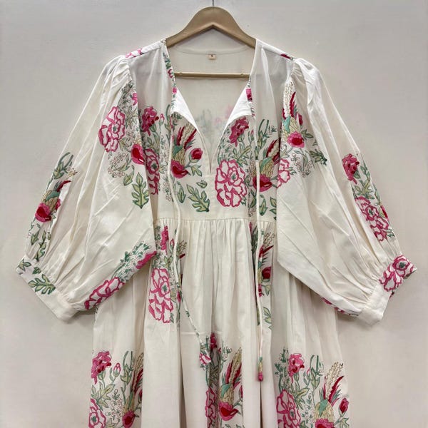 Floral Hand Block Print weiches Baumwollkleid, Kyra Midi Kleid, Kleider für Frauen, Geschenk für Ihre geliebten kurzen Tuniken String Näher Vollfutter