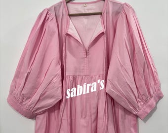 Pink Cotton Kyra Midi Dress: Bohemian Tunic Top, Full Lining