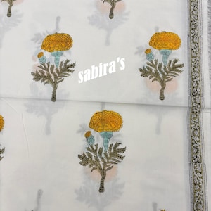 Yellow Floral Block Print Cotton Fabric: Dressmaking, Quilting, Upholstery