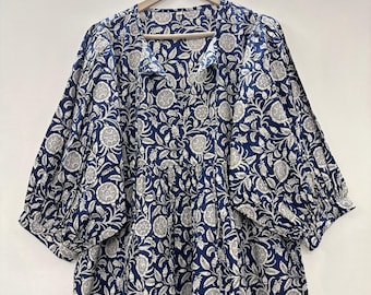 Blue Floral Print Cotton Midi Dress, Deep Neck Summer Style, String Closer