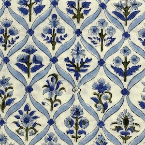 Blue block print, Sage Green, Delft Blue Indian Floral Hand Block Printed 100% Cotton Cloth, Fabric by the Yard, Curtains Pillows Cushions
