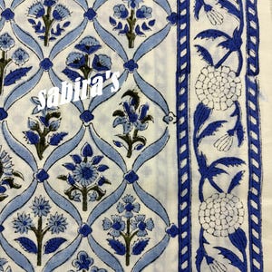 Blue Floral Block Print Cotton Fabric: Delft Blue, Sage Green - By The Yard