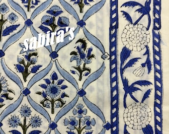 Blue Floral Block Print Cotton Fabric: Delft Blue, Sage Green - By The Yard