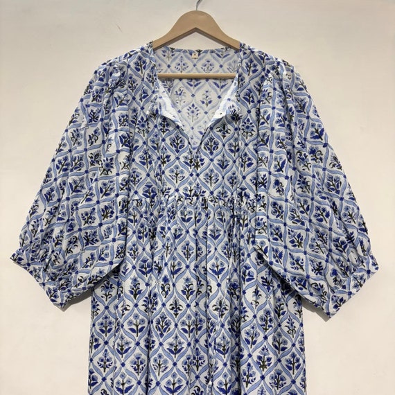 Blue Block Print Cotton Midi Dress: Kyra Summer Dress