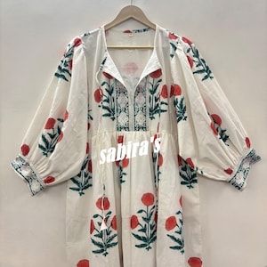 Floral Hand Block Print Cotton Midi Dress: Bohemian Style