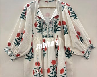 Floral Hand Block Print Cotton Midi Dress: Bohemian Style